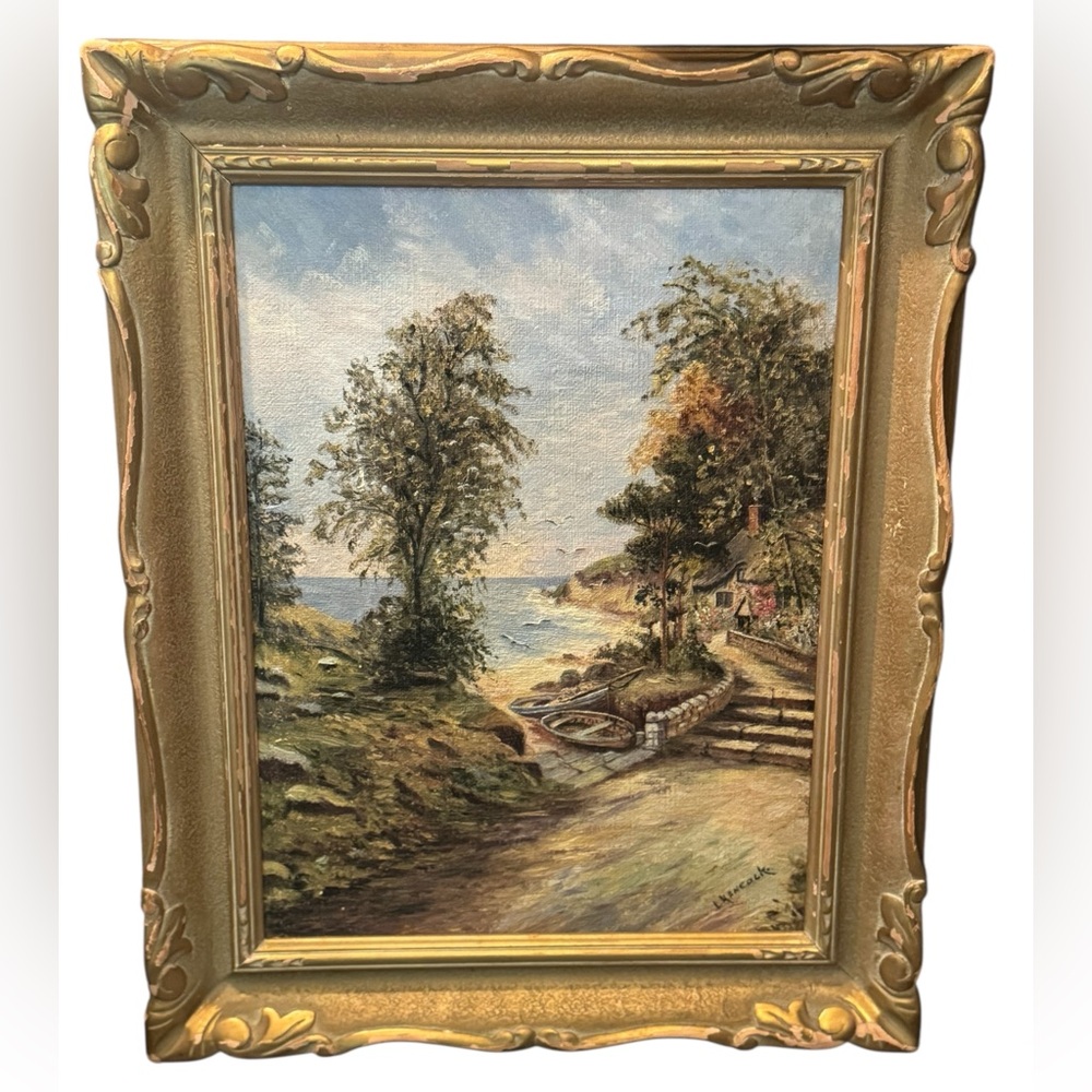 Elegant Vintage Gold Framed Signed Seaside Town Landscape Oil Painting